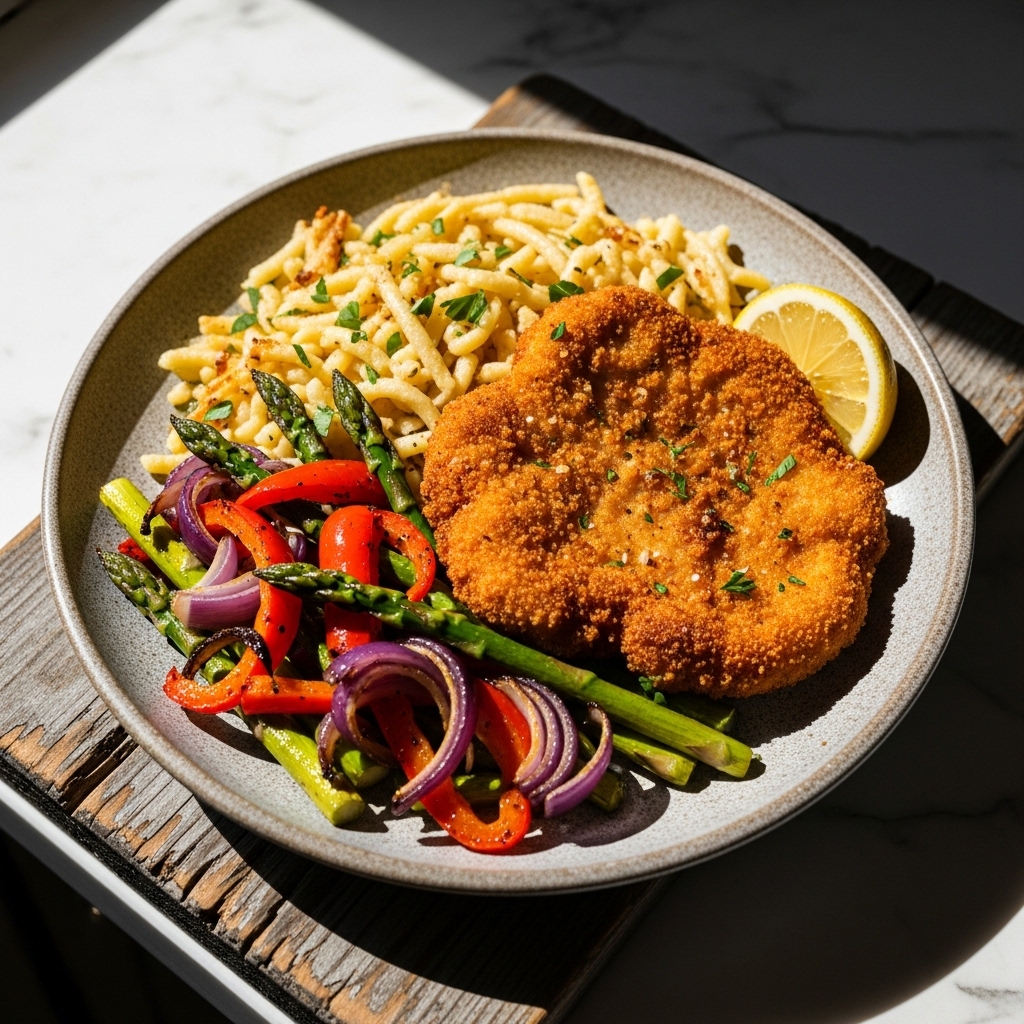 “Mouthwatering Gluten-Free German Schnitzel with Garlic Spätzle and Crispy Roasted Vegetables”